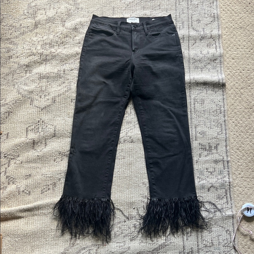 Frame Denim Black Feather Trim Straight Jeans